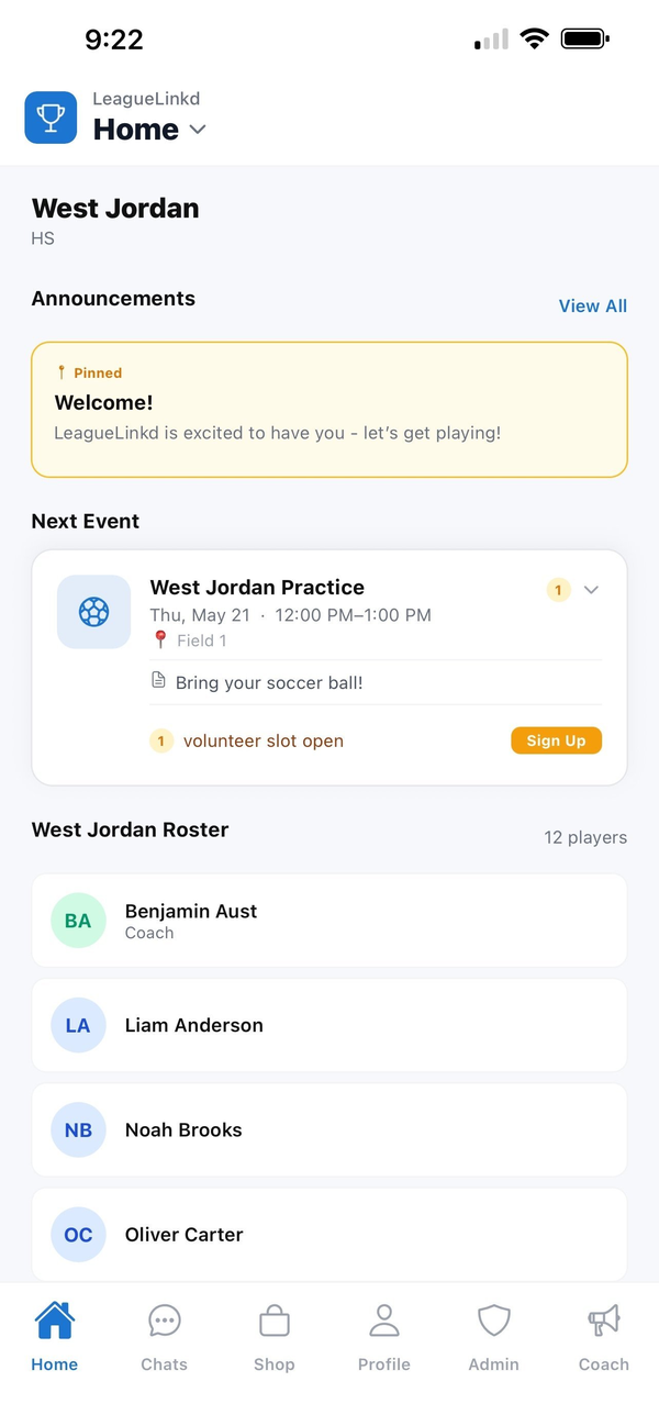 LeagueLinkd home screen showing announcements, next event, and roster