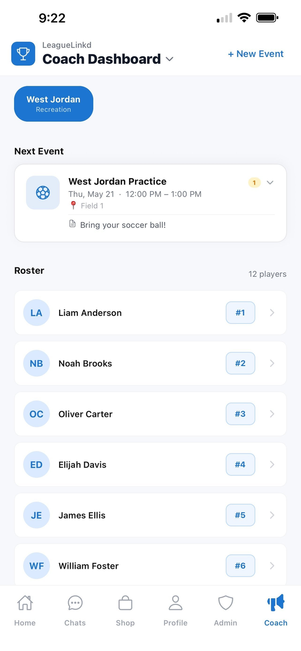 LeagueLinkd coach dashboard showing a team roster