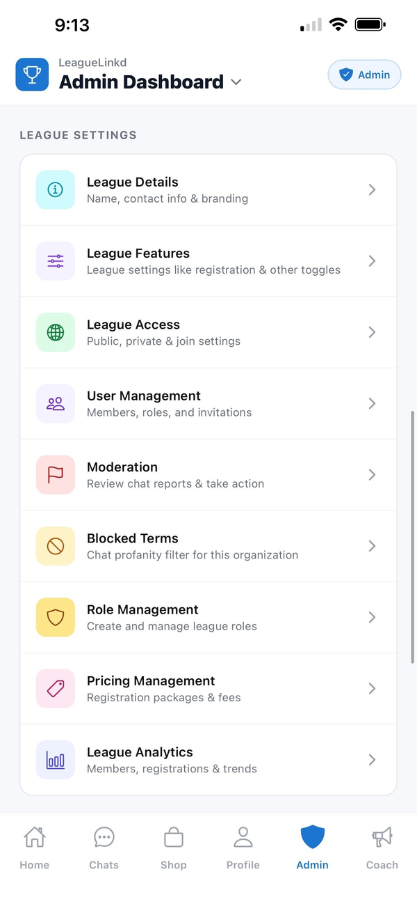 LeagueLinkd admin dashboard with league settings