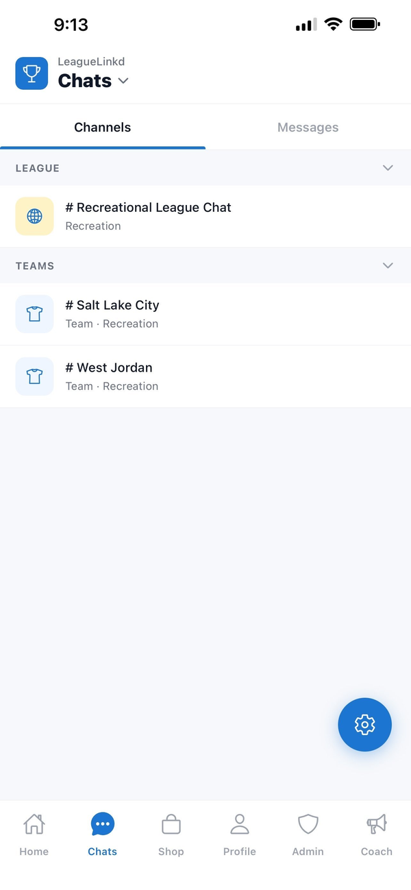LeagueLinkd chat with league and team channels