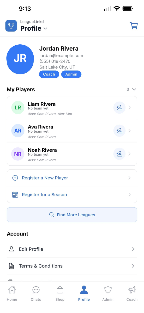 LeagueLinkd profile showing one parent account managing multiple players